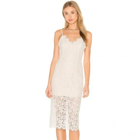 Bardot Dresses & Skirts - Bardot REVOLVE Sienna Lace Sheath Midi Dress in Cream with Cami Straps Sz M